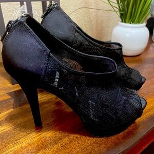 Black lace and satin open toe heel